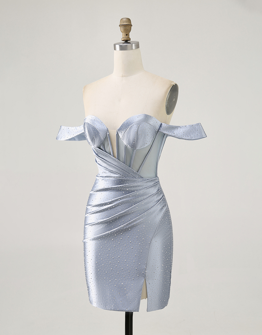 Sparkly Dusty Blue Corset Tight Satin Short Homecoming Dress with Beading