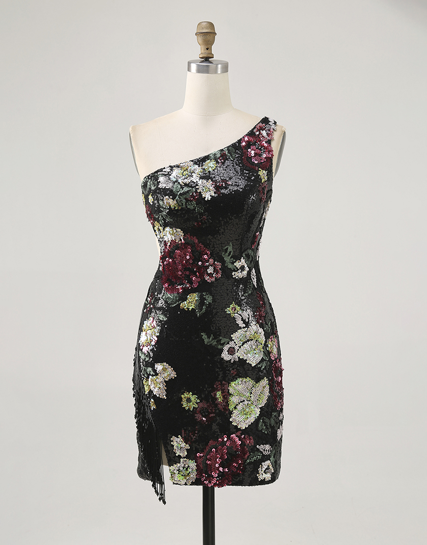Sparkly Black Floral One Shoulder Sequin Short Homecoming Dress with Fringes