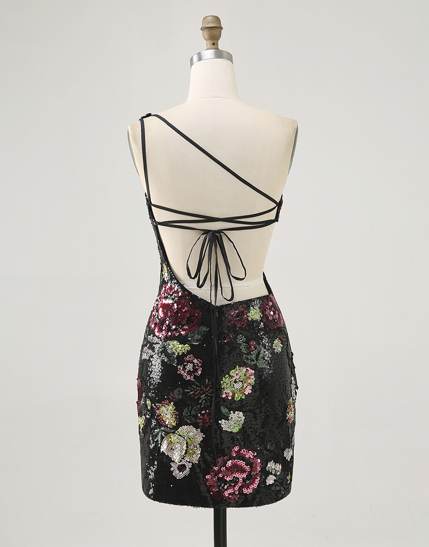 Sparkly Black Floral One Shoulder Sequin Short Homecoming Dress with Fringes