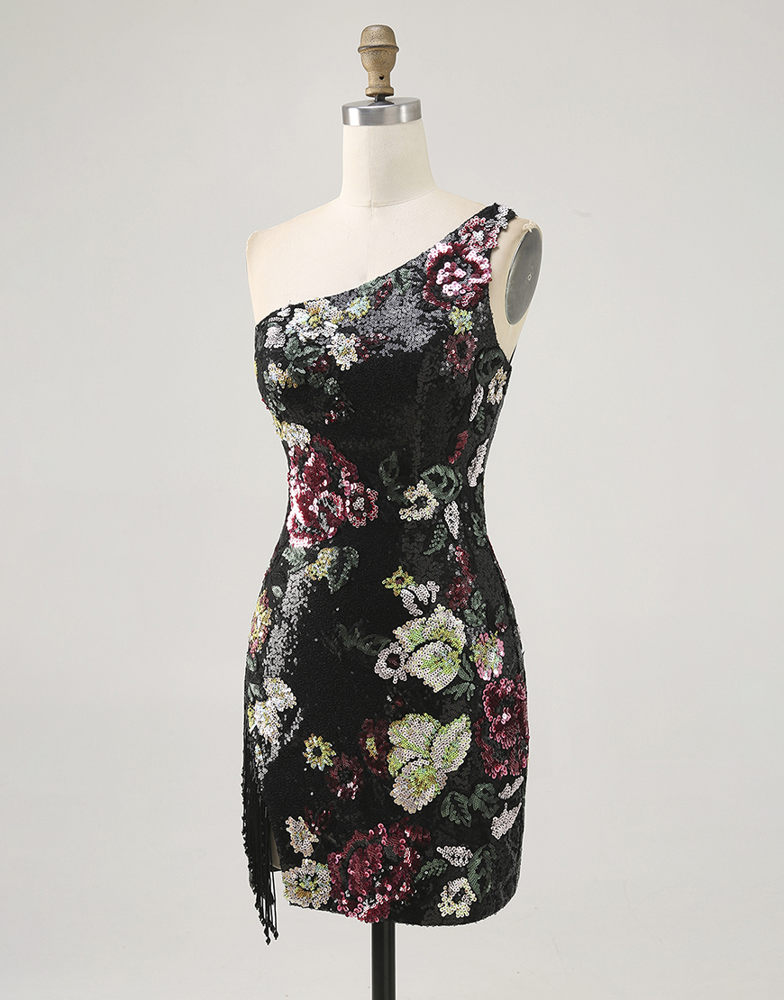 Sparkly Black Floral One Shoulder Sequin Short Homecoming Dress with Fringes
