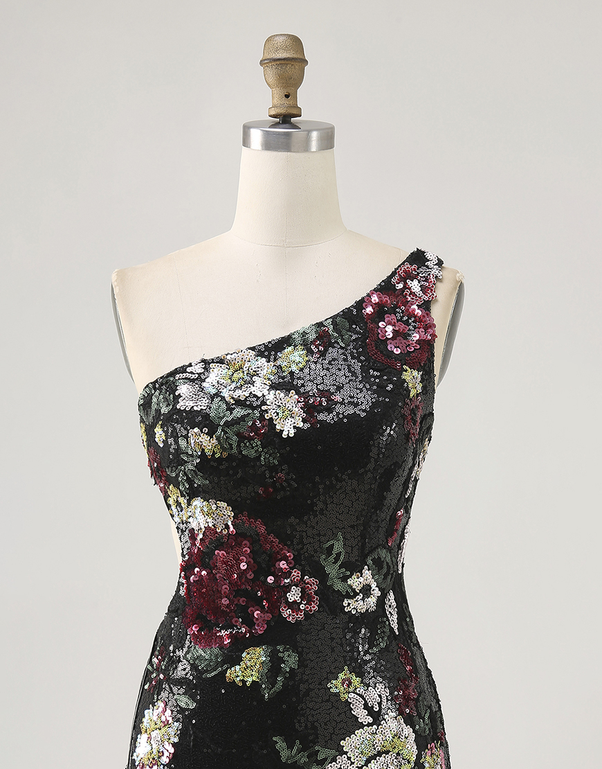 Sparkly Black Floral One Shoulder Sequin Short Homecoming Dress with Fringes