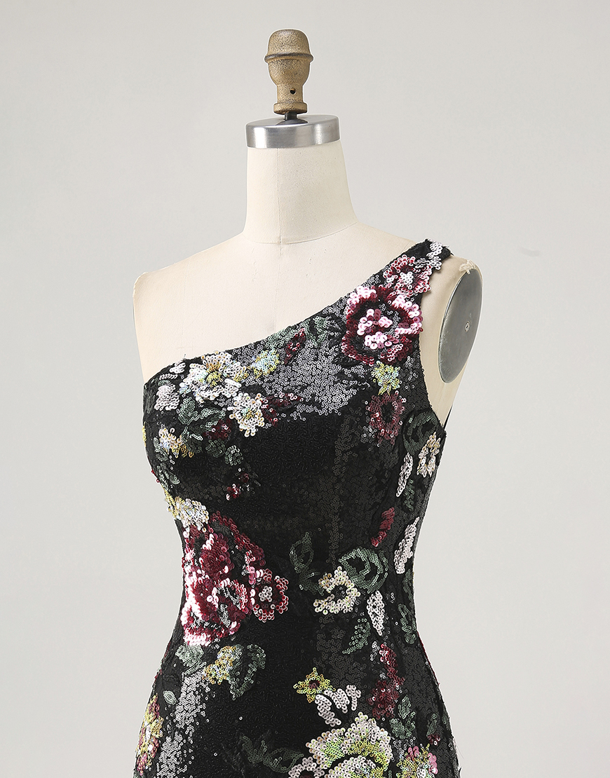 Sparkly Black Floral One Shoulder Sequin Short Homecoming Dress with Fringes