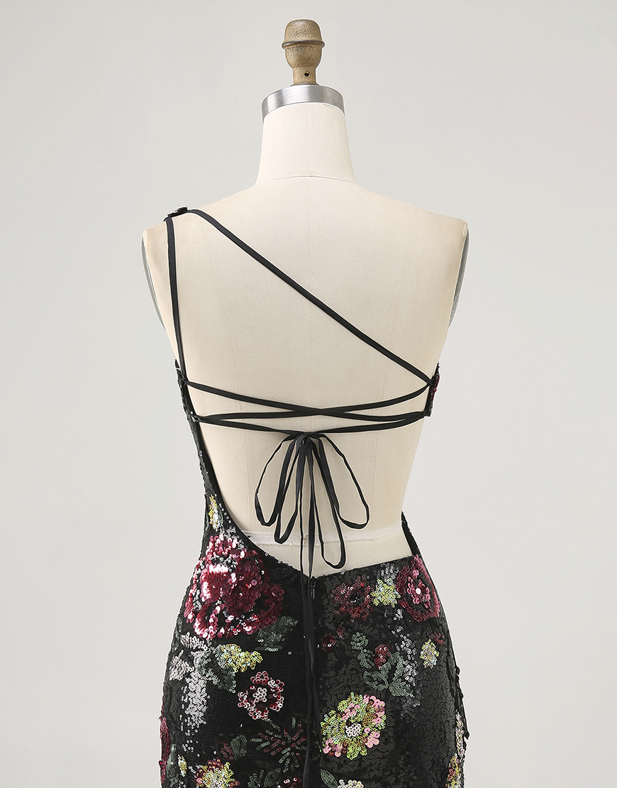 Sparkly Black Floral One Shoulder Sequin Short Homecoming Dress with Fringes