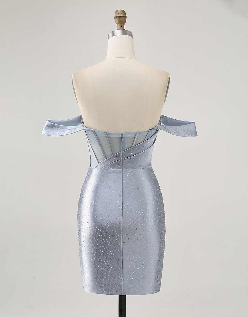 Sparkly Dusty Blue Corset Tight Satin Short Homecoming Dress with Beading
