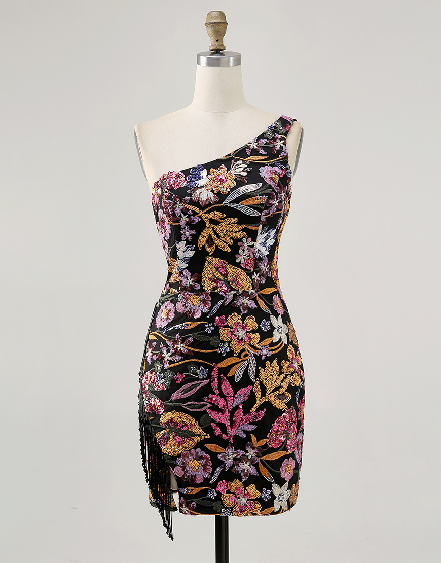 Sparkly Black Floral Short Sequin Homecoming Dress with Embroidery