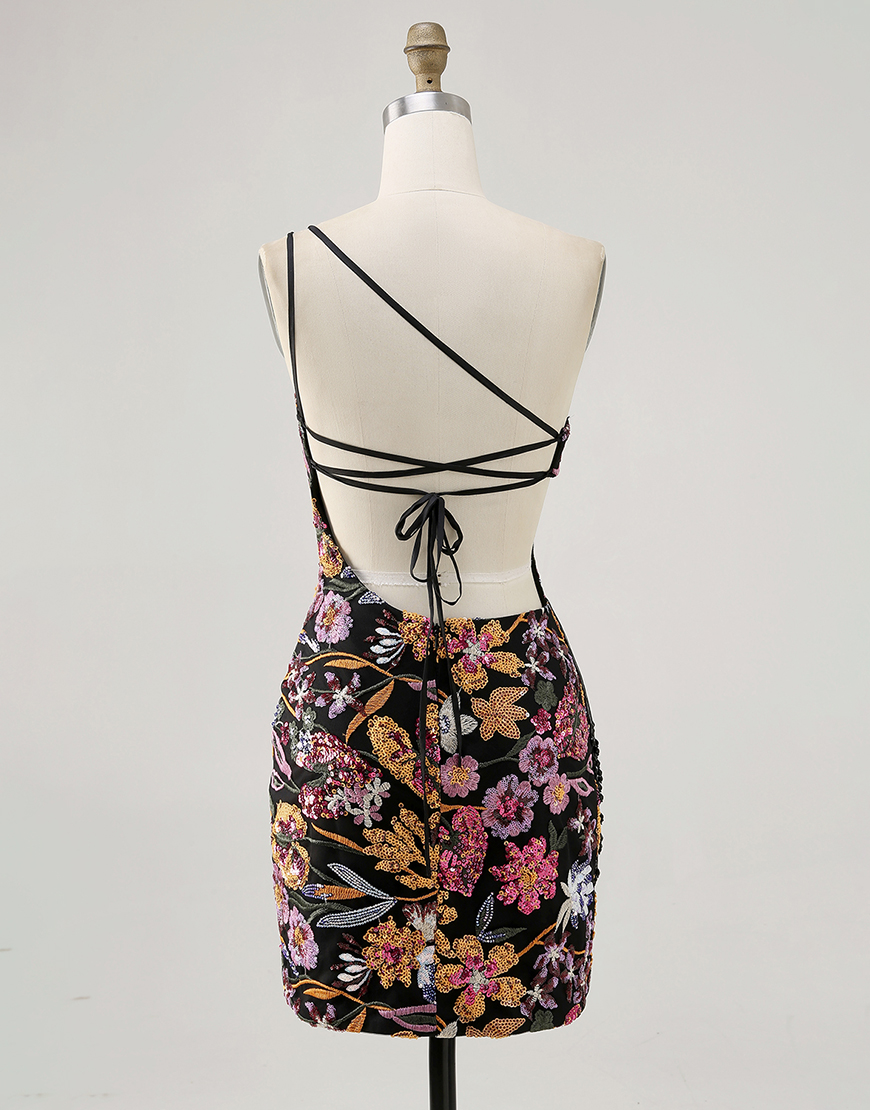 Sparkly Black Floral Short Sequin Homecoming Dress with Embroidery