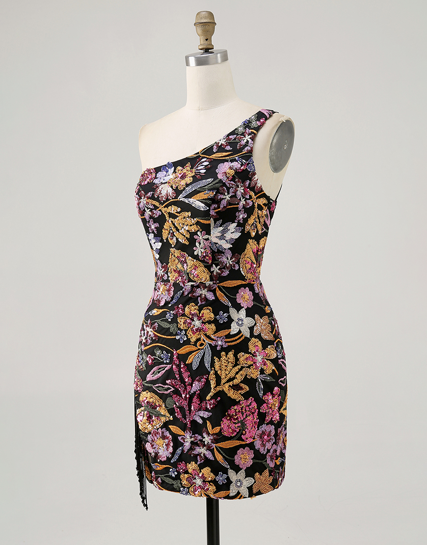 Sparkly Black Floral Short Sequin Homecoming Dress with Embroidery