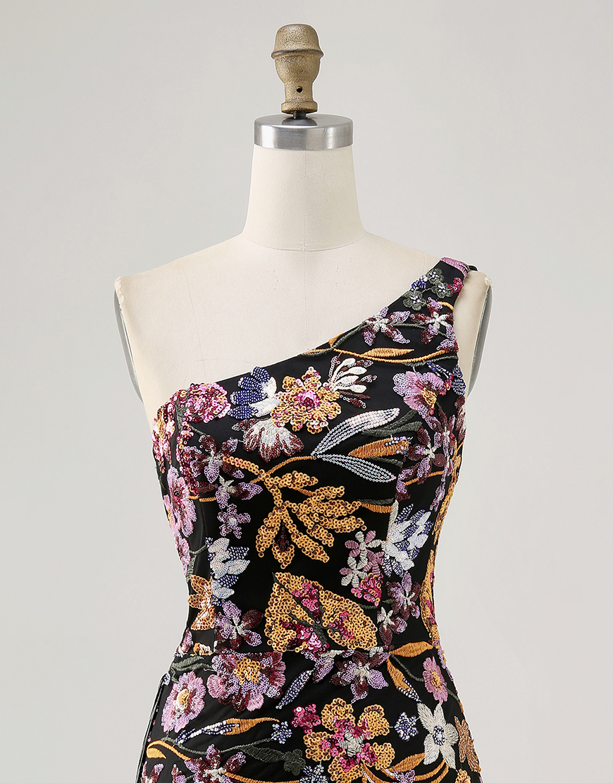 Sparkly Black Floral Short Sequin Homecoming Dress with Embroidery