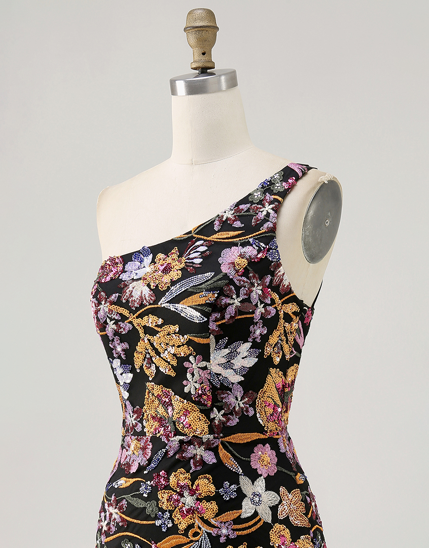 Sparkly Black Floral Short Sequin Homecoming Dress with Embroidery