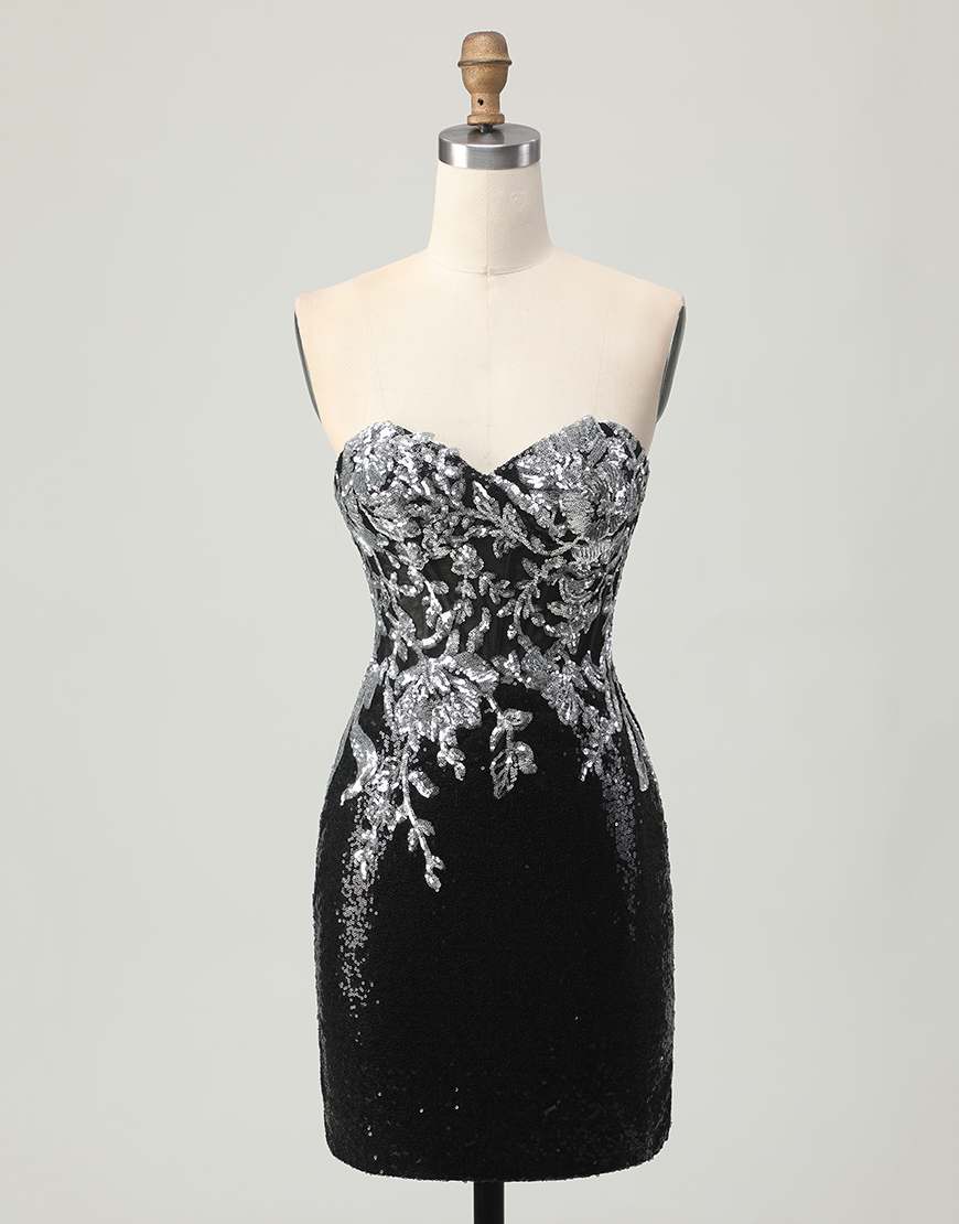 Sparkly Black Silver Tight Short Homecoming Dress with Sequins