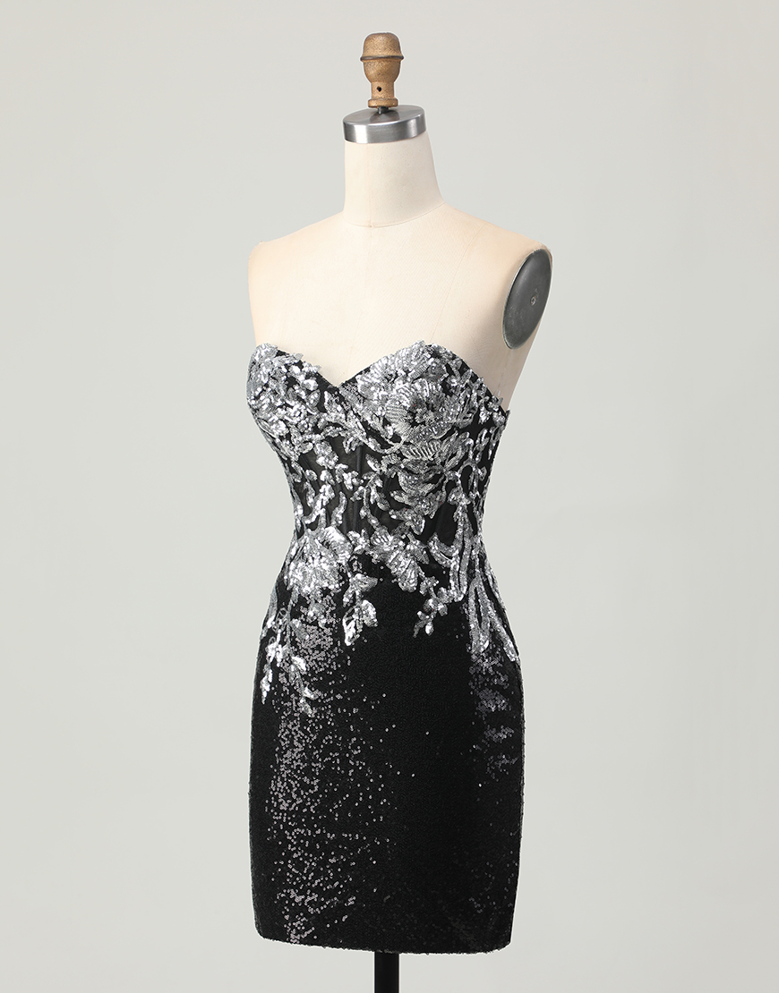 Sparkly Black Silver Tight Short Homecoming Dress with Sequins
