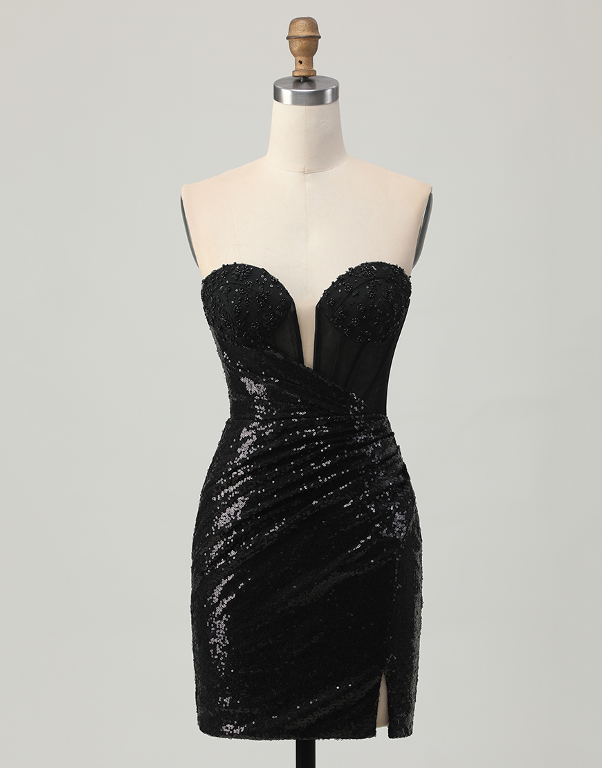 Sparkly Black Sequins Tight Short Corset Homecoming Dress with Slit