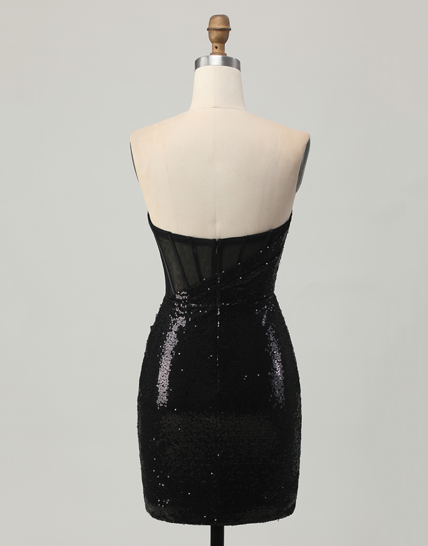 Sparkly Black Sequins Tight Short Corset Homecoming Dress with Slit