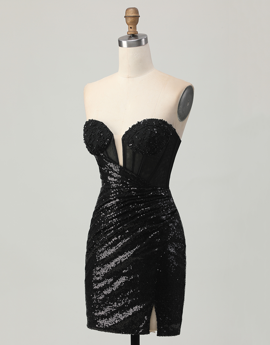 Sparkly Black Sequins Tight Short Corset Homecoming Dress with Slit