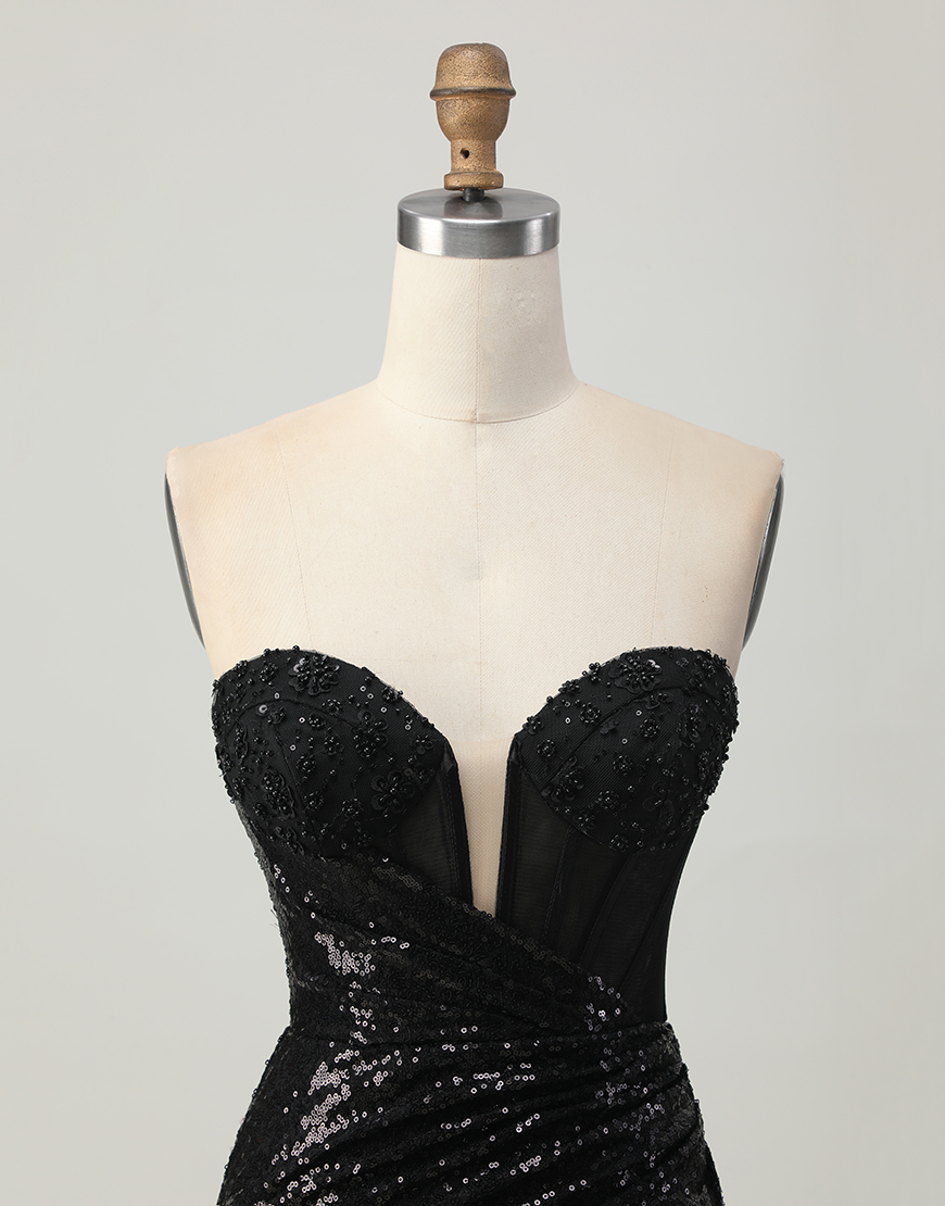 Sparkly Black Sequins Tight Short Corset Homecoming Dress with Slit