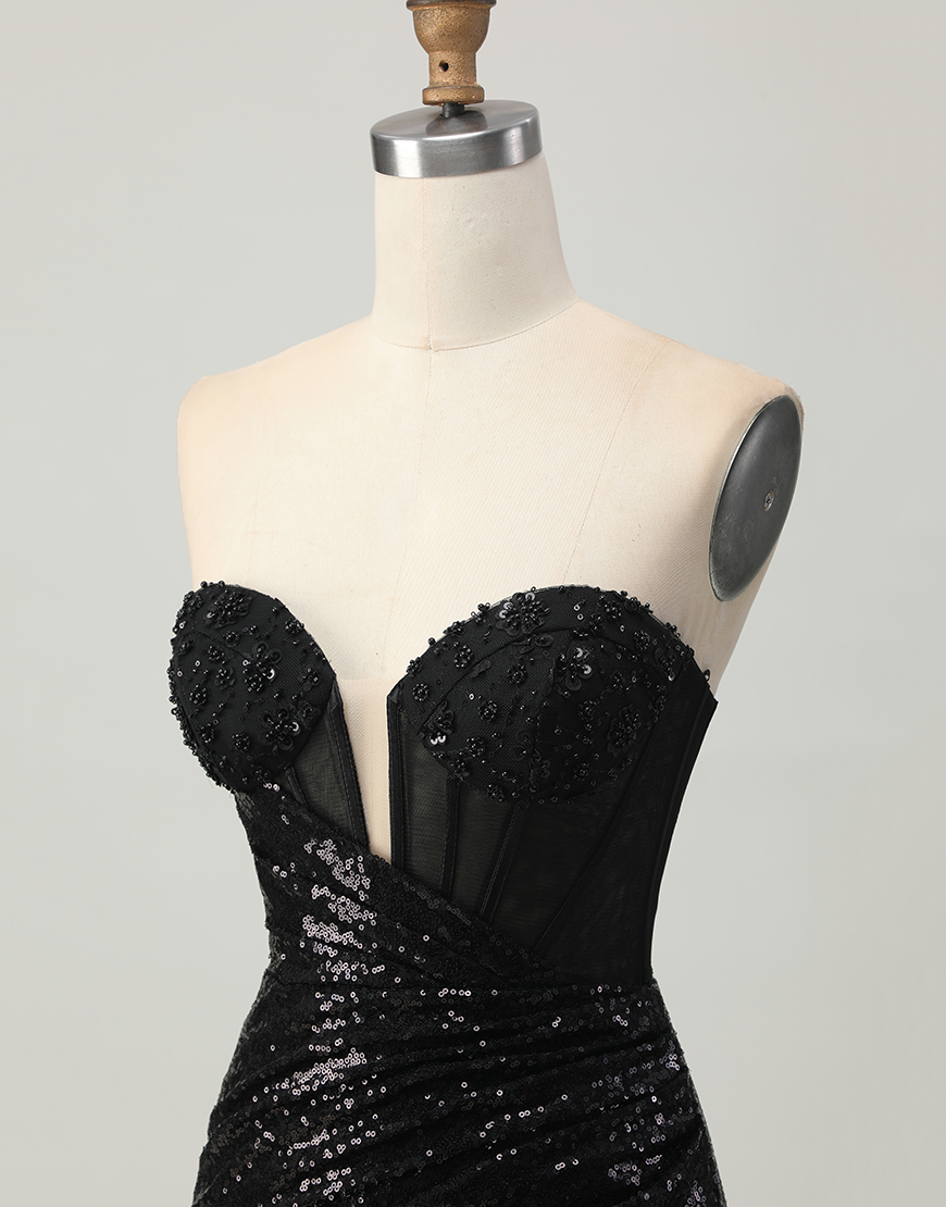 Sparkly Black Sequins Tight Short Corset Homecoming Dress with Slit