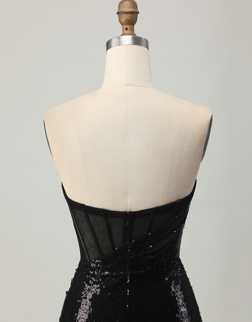 Sparkly Black Sequins Tight Short Corset Homecoming Dress with Slit