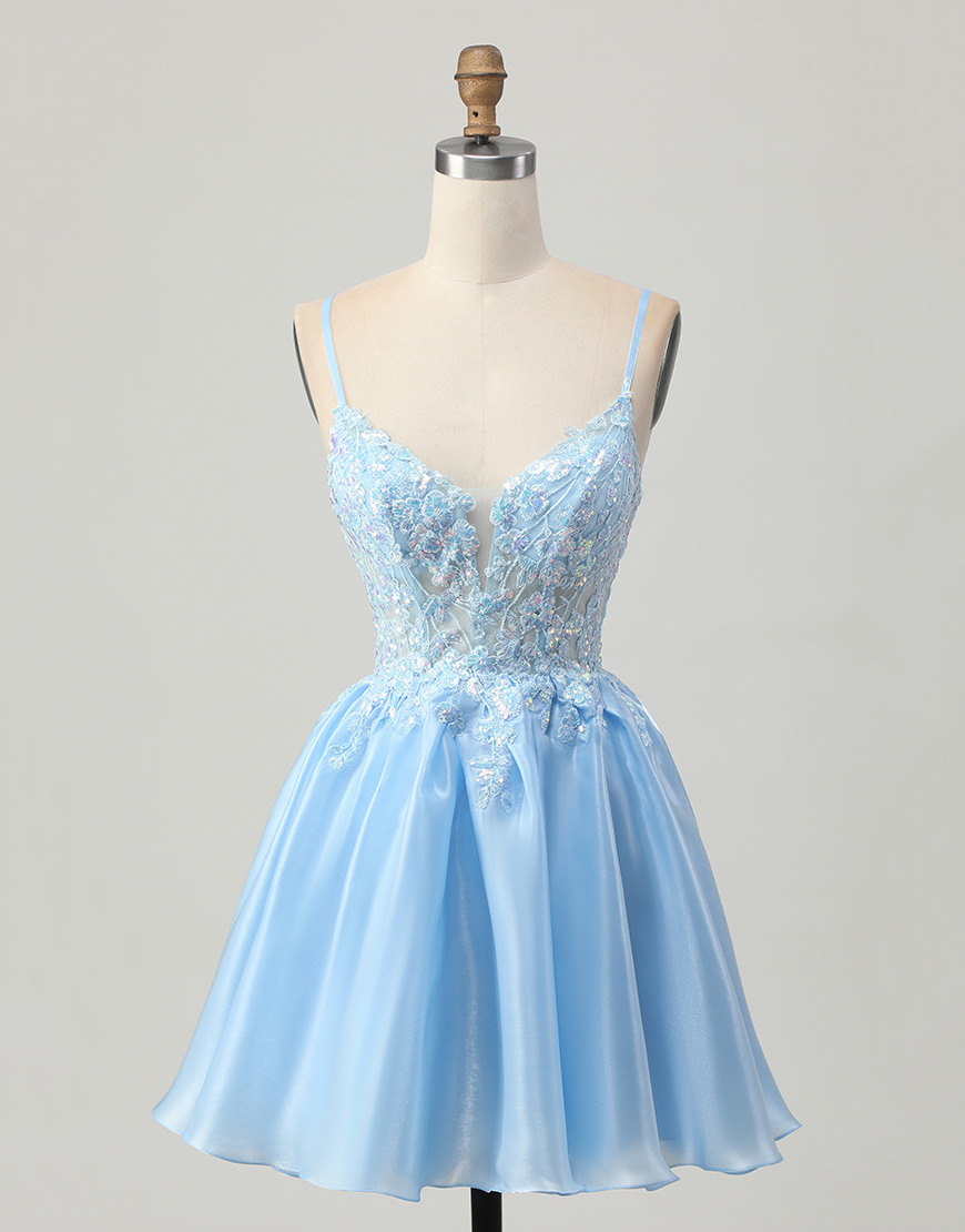 Sparkly Blue A Line Short Corset Homecoming Dress with Lace