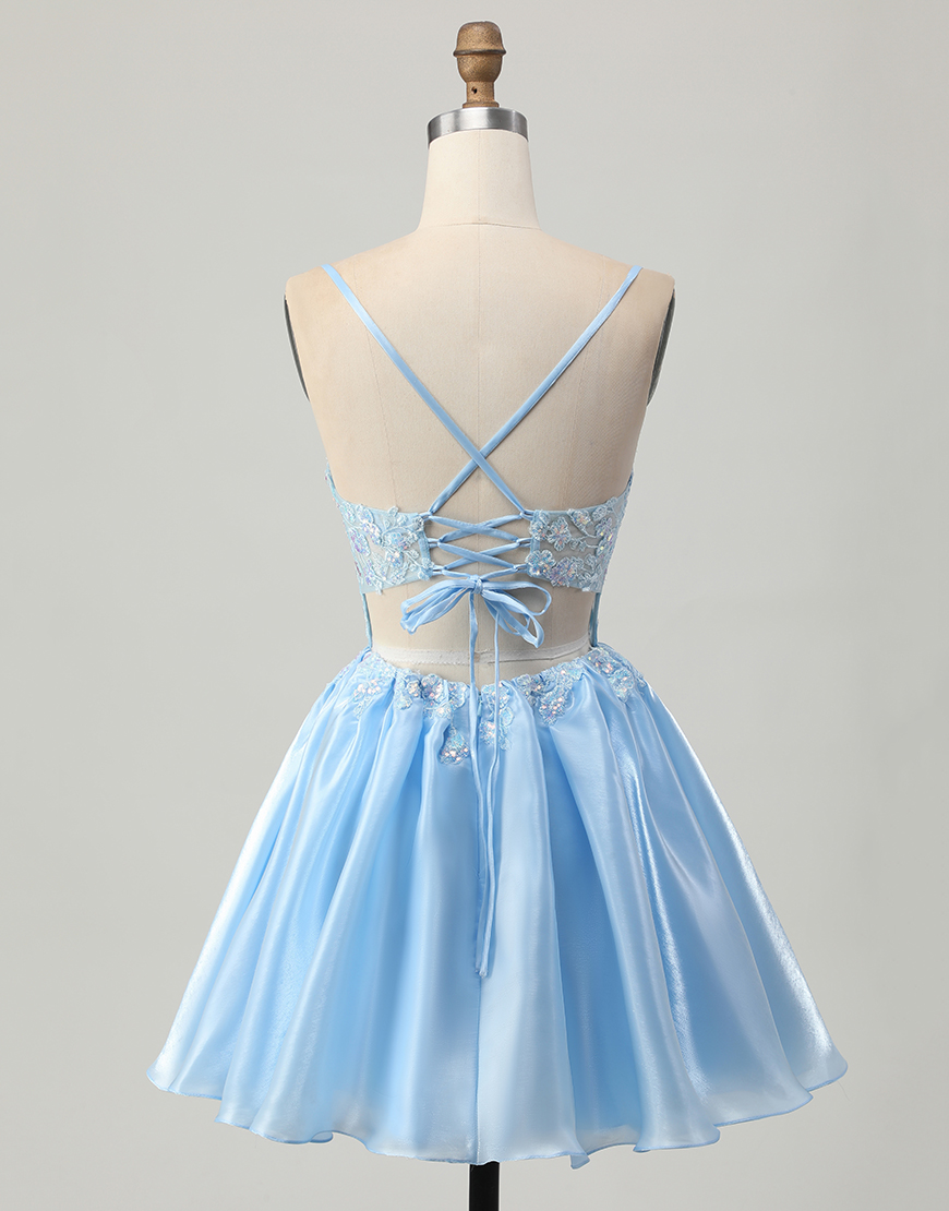 Sparkly Blue A Line Short Corset Homecoming Dress with Lace