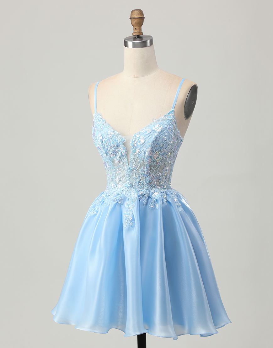 Sparkly Blue A Line Short Corset Homecoming Dress with Lace