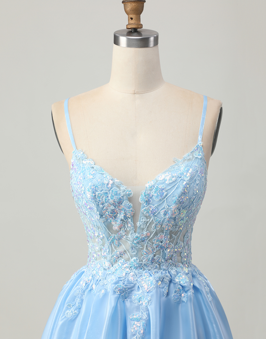 Sparkly Blue A Line Short Corset Homecoming Dress with Lace