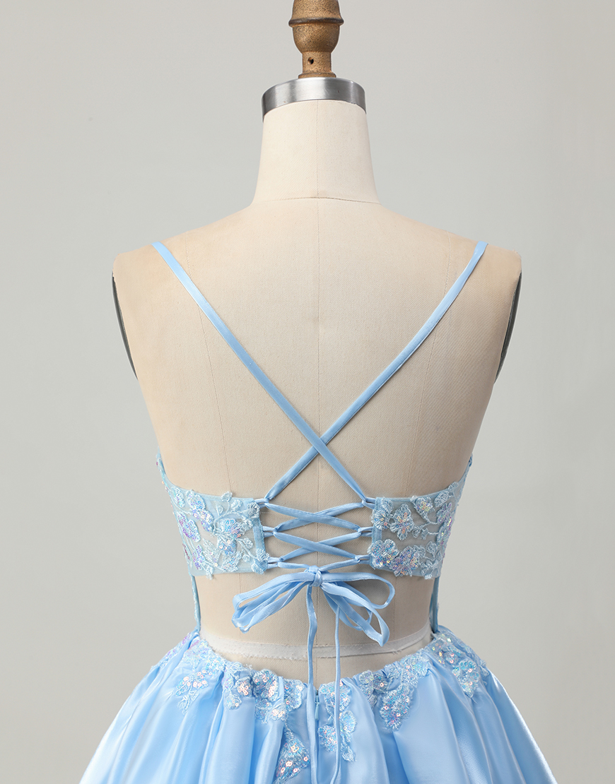 Sparkly Blue A Line Short Corset Homecoming Dress with Lace