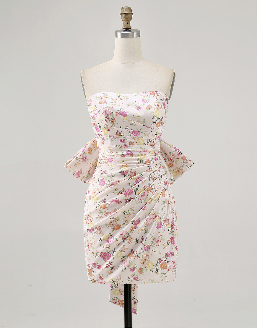 Pink Floral Ruched Tight Short Homecoming Dress with Bow