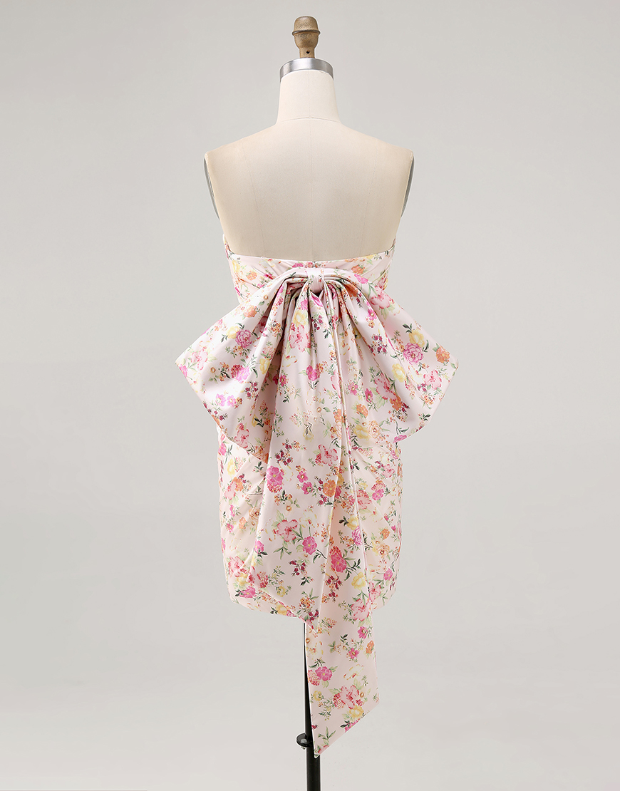 Pink Floral Ruched Tight Short Homecoming Dress with Bow