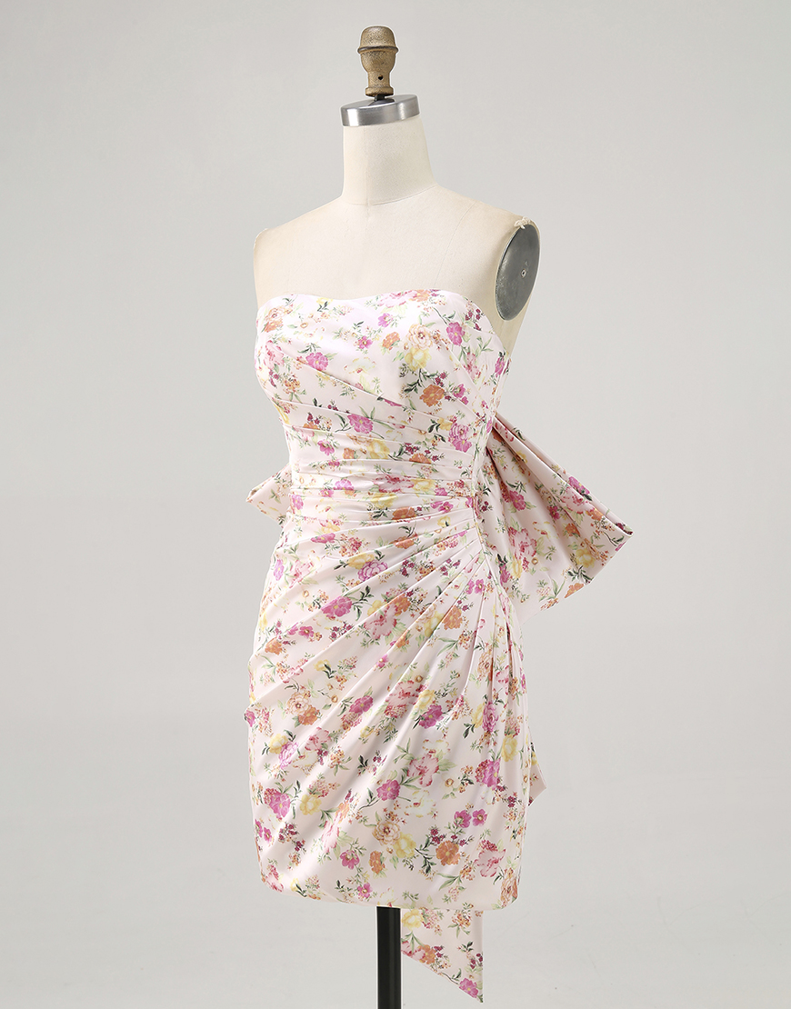 Pink Floral Ruched Tight Short Homecoming Dress with Bow