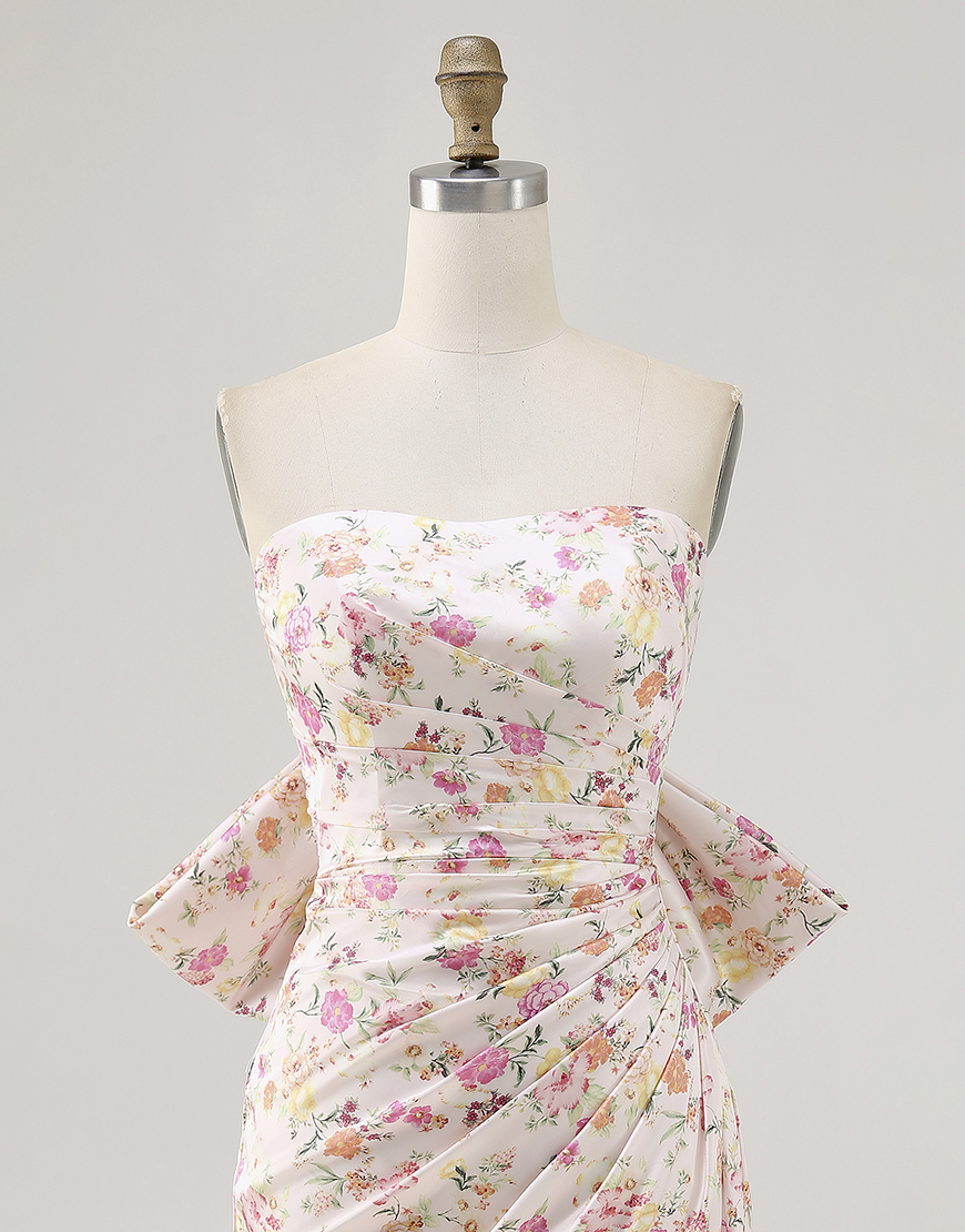 Pink Floral Ruched Tight Short Homecoming Dress with Bow