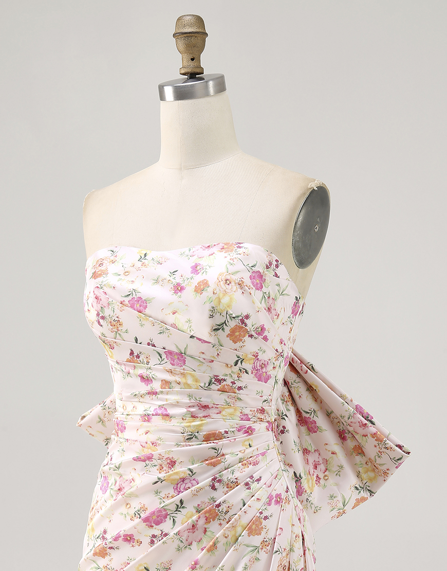 Pink Floral Ruched Tight Short Homecoming Dress with Bow