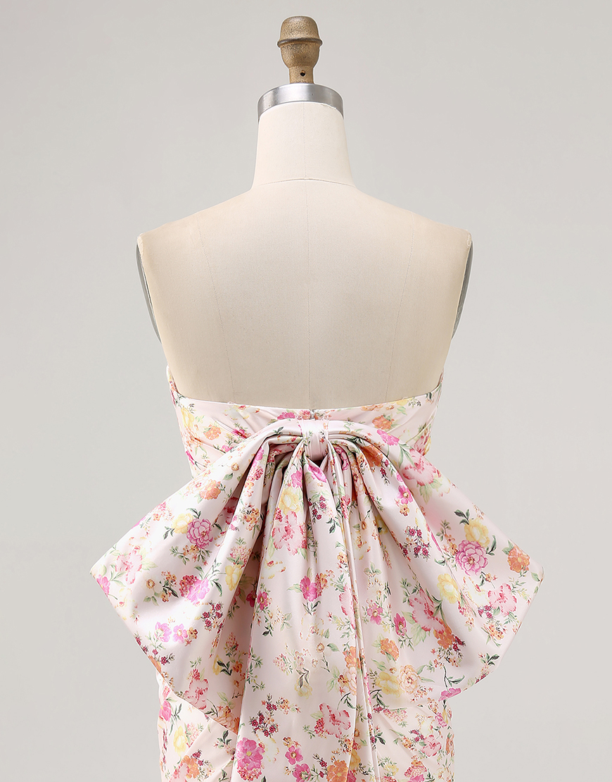 Pink Floral Ruched Tight Short Homecoming Dress with Bow