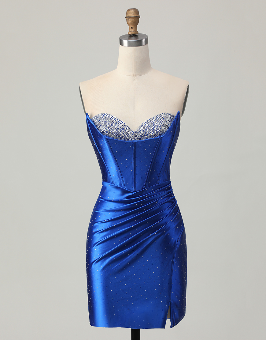 Sparkly Royal Blue Beaded Tight Short Corset Homecoming Dress with Slit