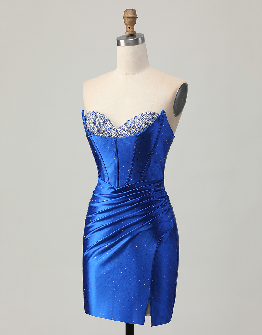 Sparkly Royal Blue Beaded Tight Short Corset Homecoming Dress with Slit