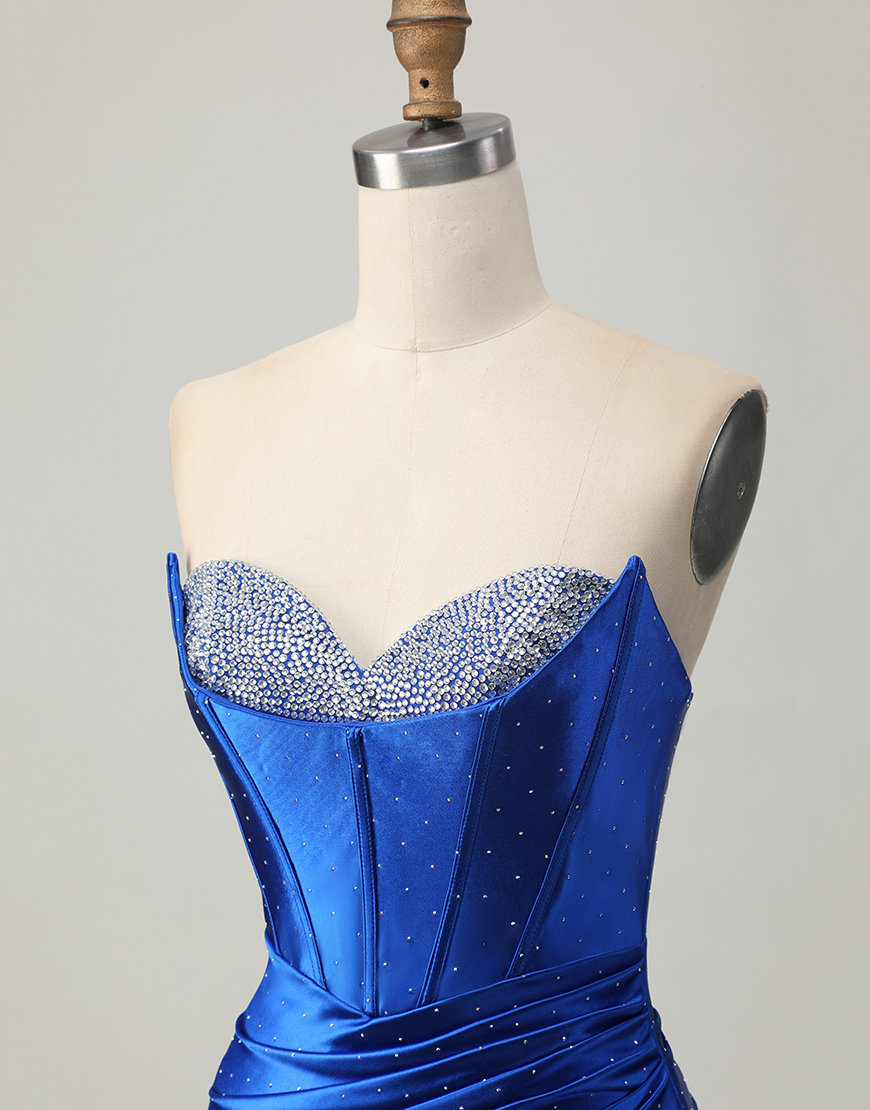 Sparkly Royal Blue Beaded Tight Short Corset Homecoming Dress with Slit