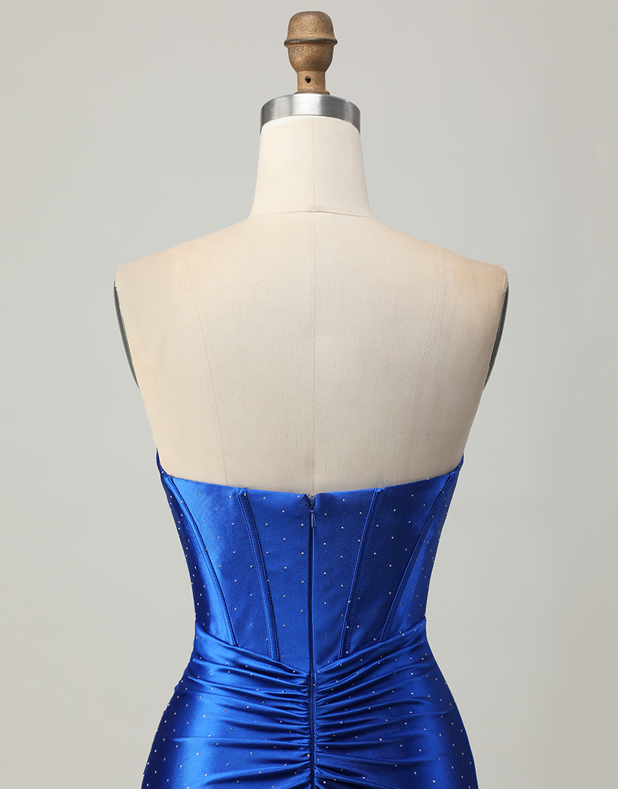 Sparkly Royal Blue Beaded Tight Short Corset Homecoming Dress with Slit