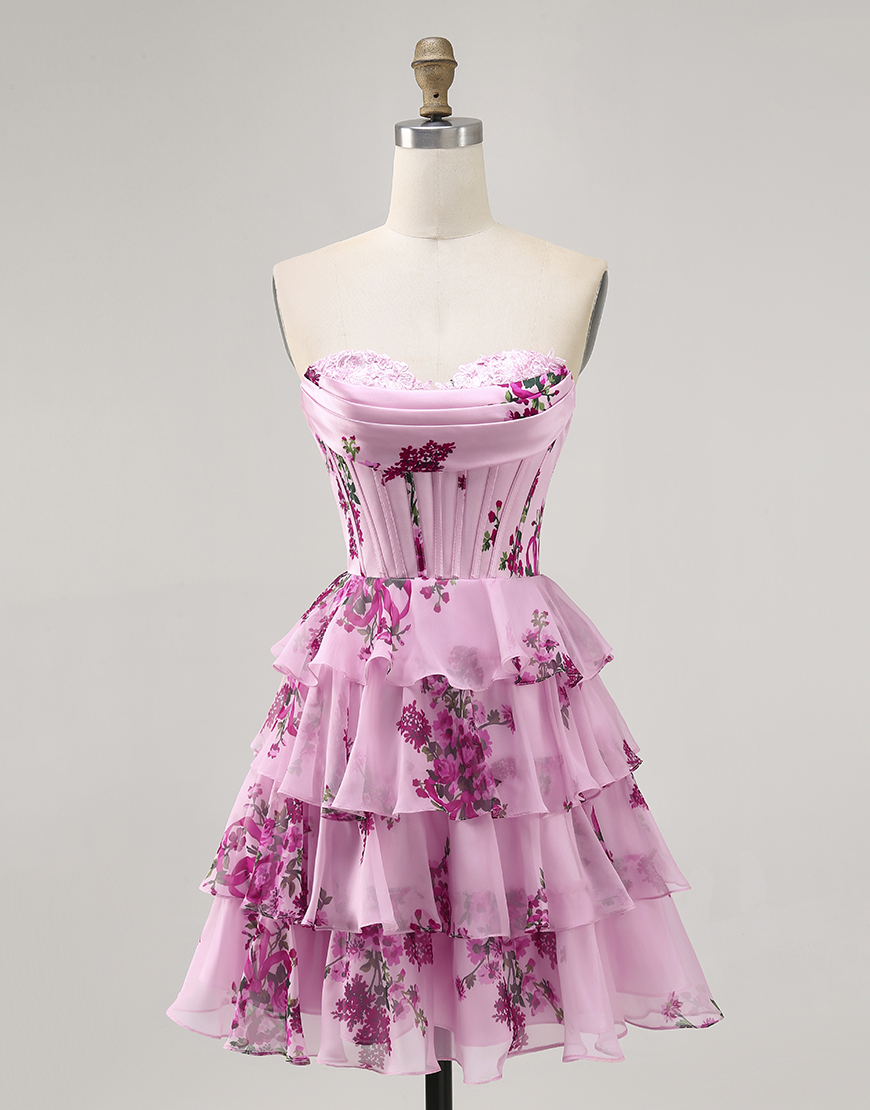 Pink Floral A Line Sweetheart Short Corset Homecoming Dress with Ruffles
