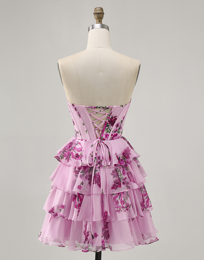 Pink Floral A Line Sweetheart Short Corset Homecoming Dress with Ruffles
