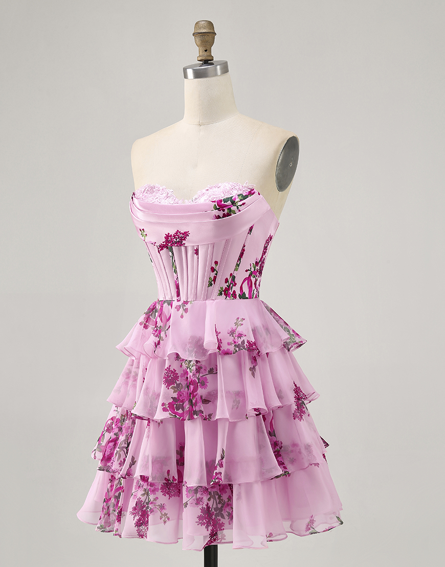 Pink Floral A Line Sweetheart Short Corset Homecoming Dress with Ruffles