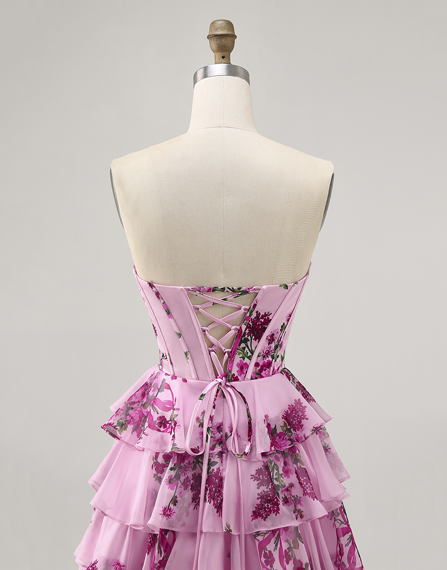 Pink Floral A Line Sweetheart Short Corset Homecoming Dress with Ruffles