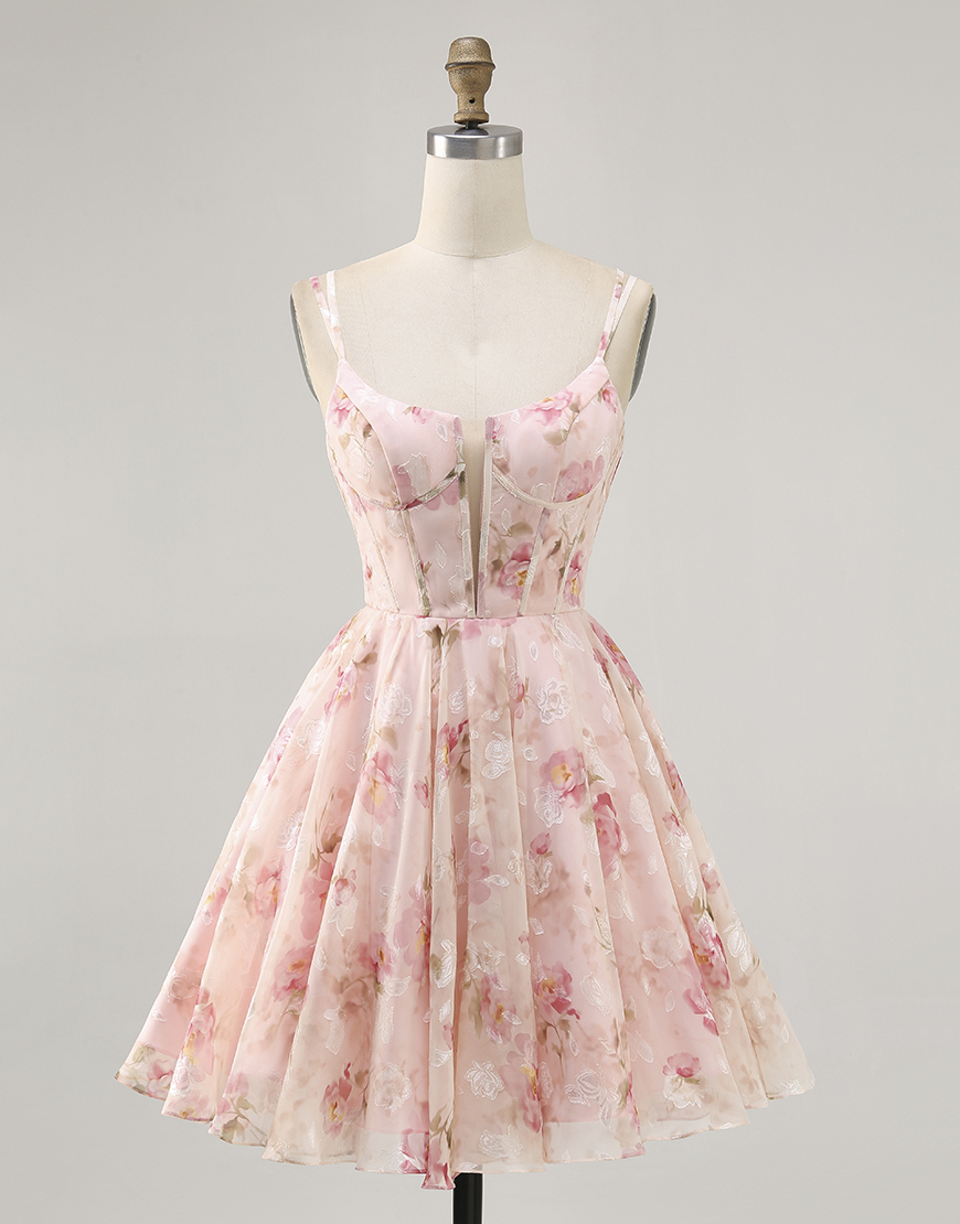 Blush Floral A Line Spaghetti Straps Short Corset Homecoming Dress