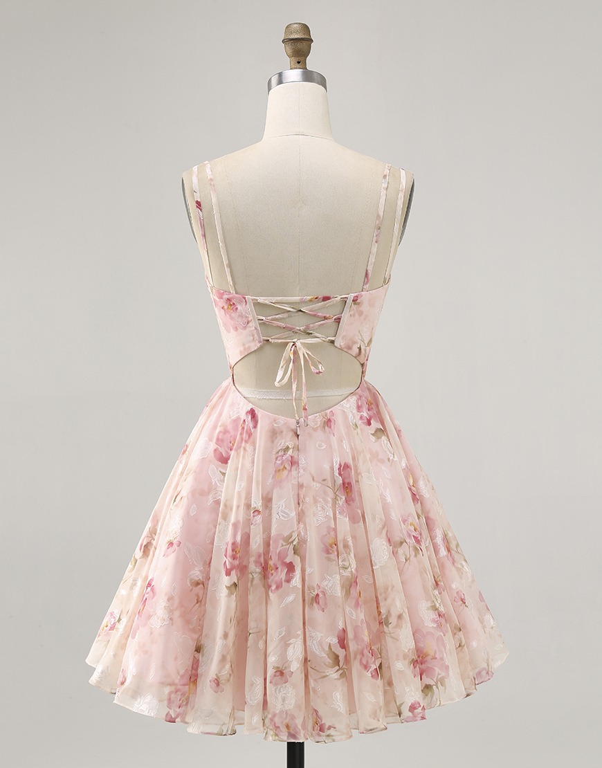 Blush Floral A Line Spaghetti Straps Short Corset Homecoming Dress