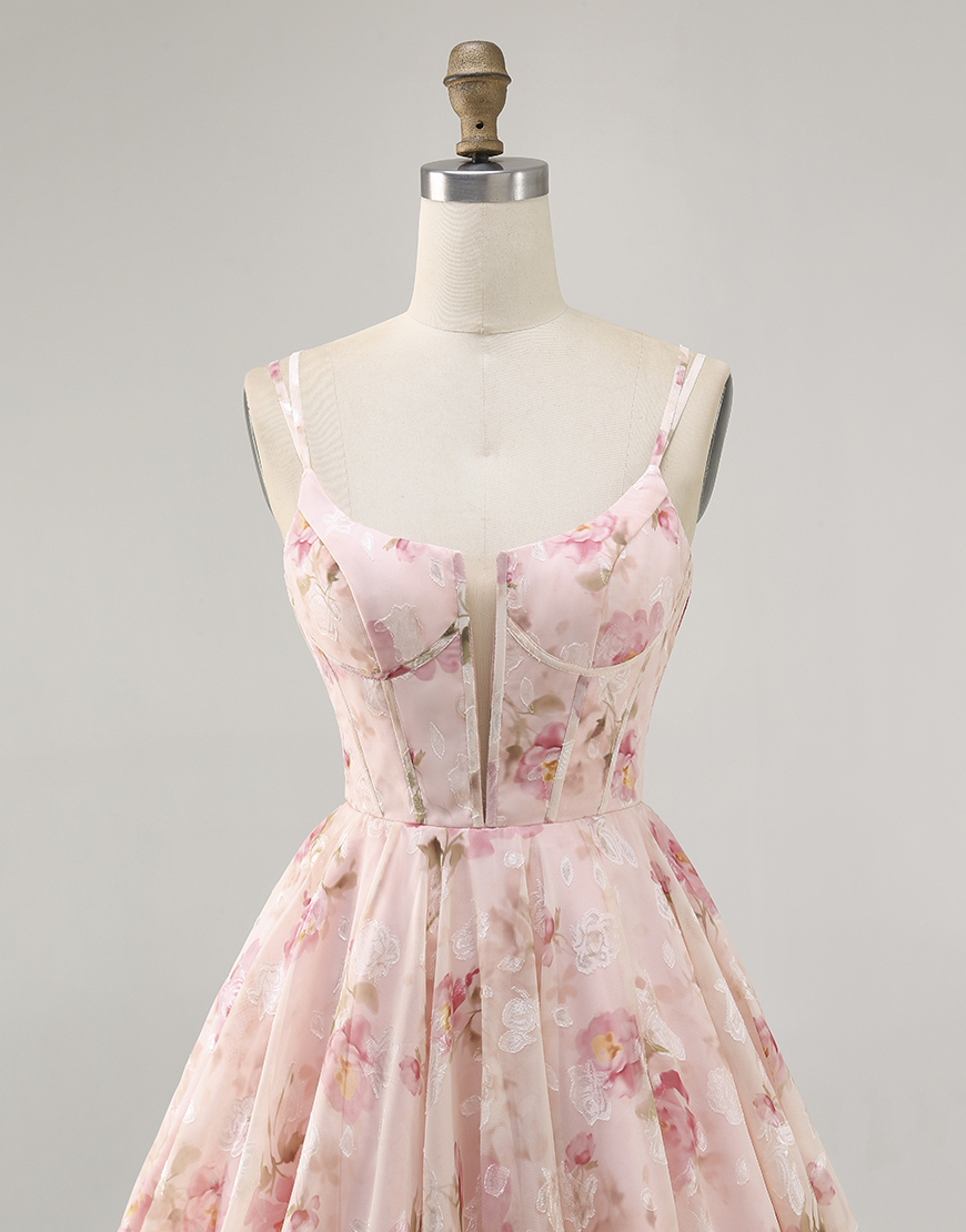 Blush Floral A Line Spaghetti Straps Short Corset Homecoming Dress