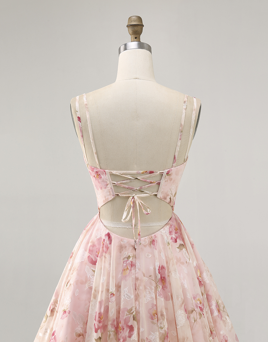 Blush Floral A Line Spaghetti Straps Short Corset Homecoming Dress