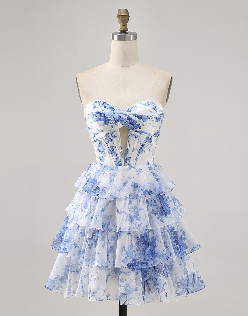 White and Blue Floral Short Corset Homecoming Dress with Ruffles