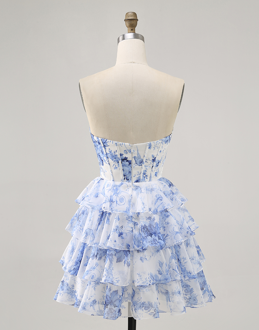 White and Blue Floral Short Corset Homecoming Dress with Ruffles