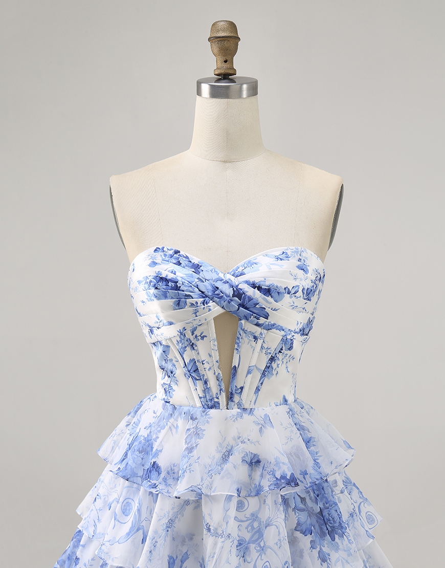 White and Blue Floral Short Corset Homecoming Dress with Ruffles