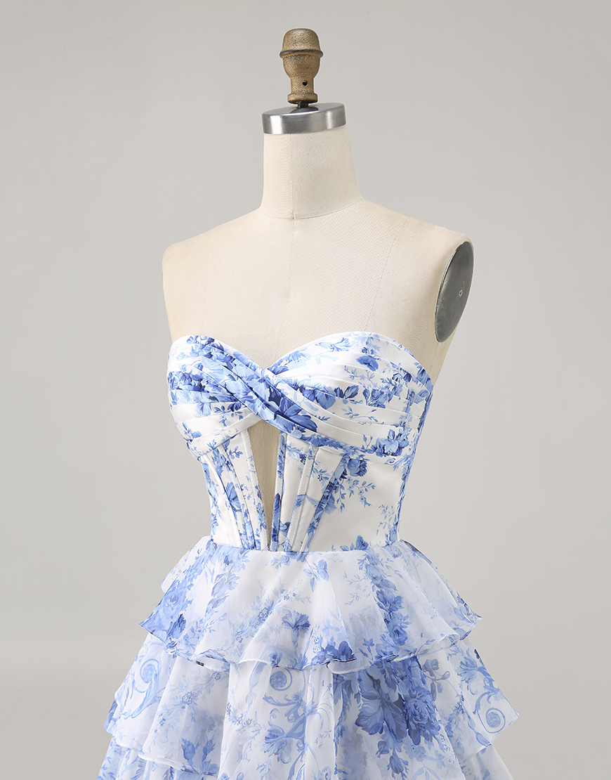White and Blue Floral Short Corset Homecoming Dress with Ruffles