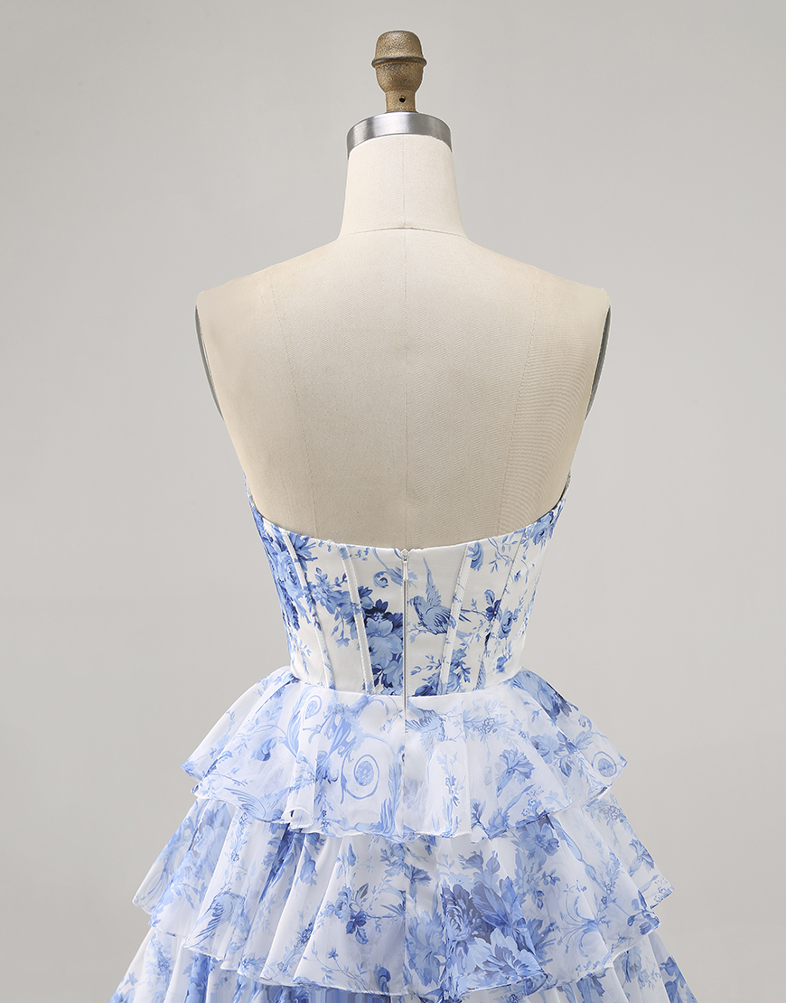 White and Blue Floral Short Corset Homecoming Dress with Ruffles