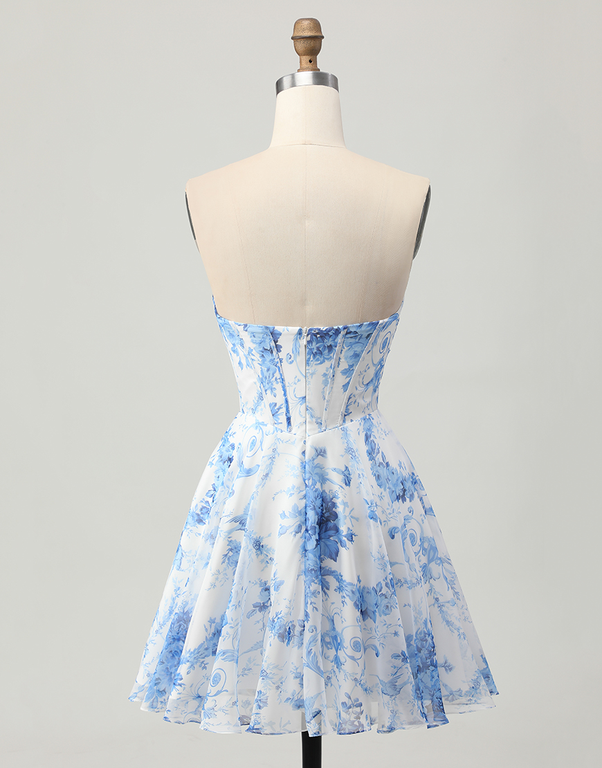 White Blue Floral Sweetheart Short Corset Homecoming Dress